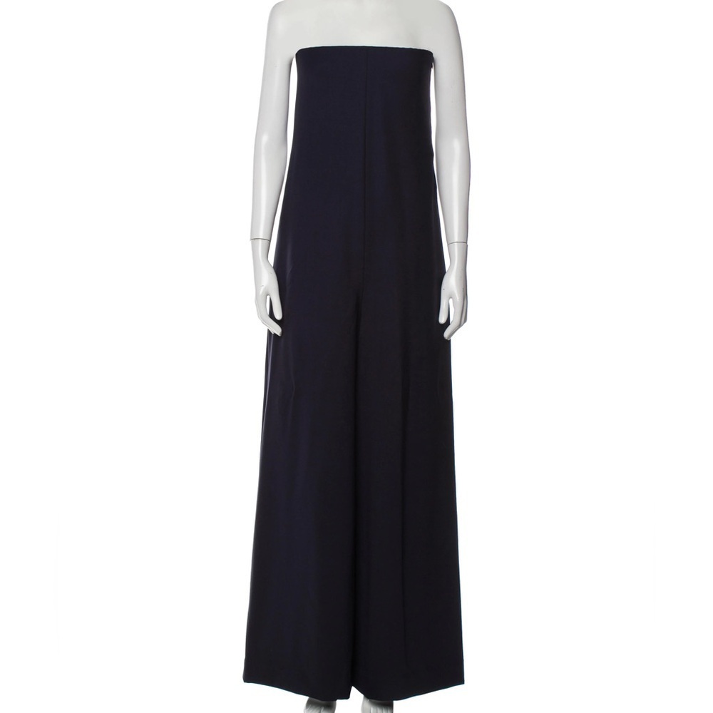 The Row Liu Bi-Stretch Virgin Double Wool Strapless Wide Leg Navy Blue Jumpsuit - Picture 5 of 7